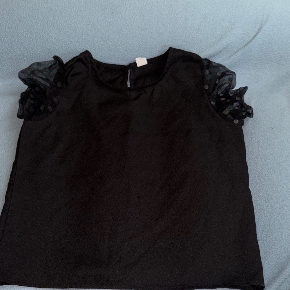 SHEIN Black Kids Blouse with Sheer Polka Dot Sleeves